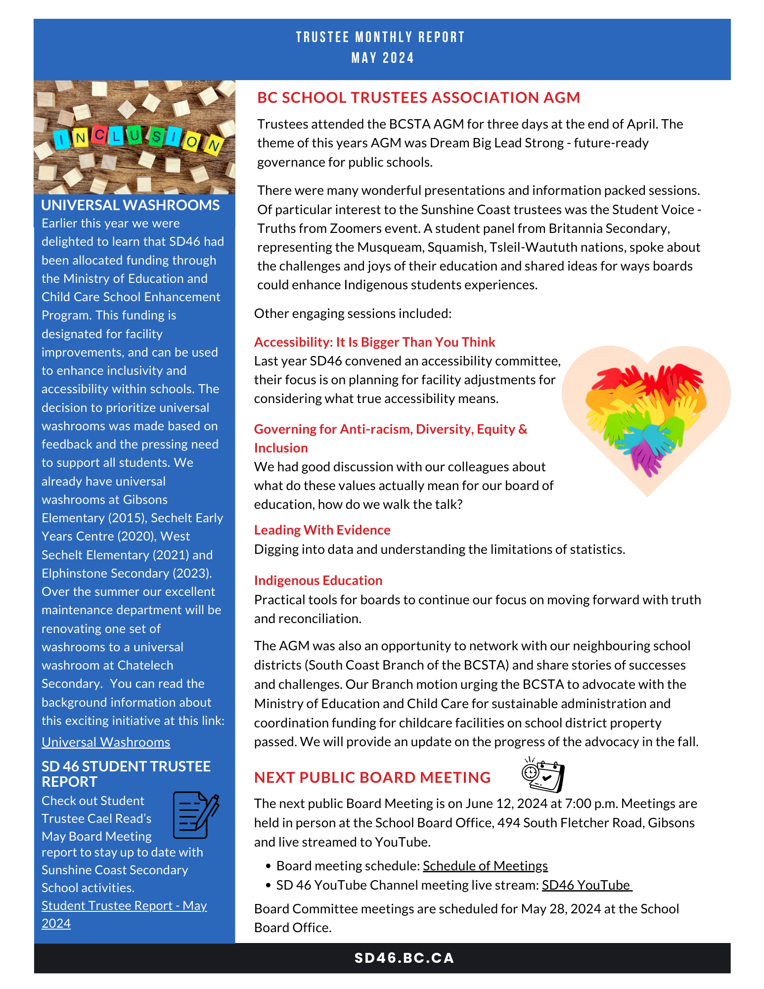 Trustee monthly report may 2024 school district 46